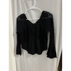free people Black Waffle Knit Crochet Flare Sleeve Crop Top Sz S